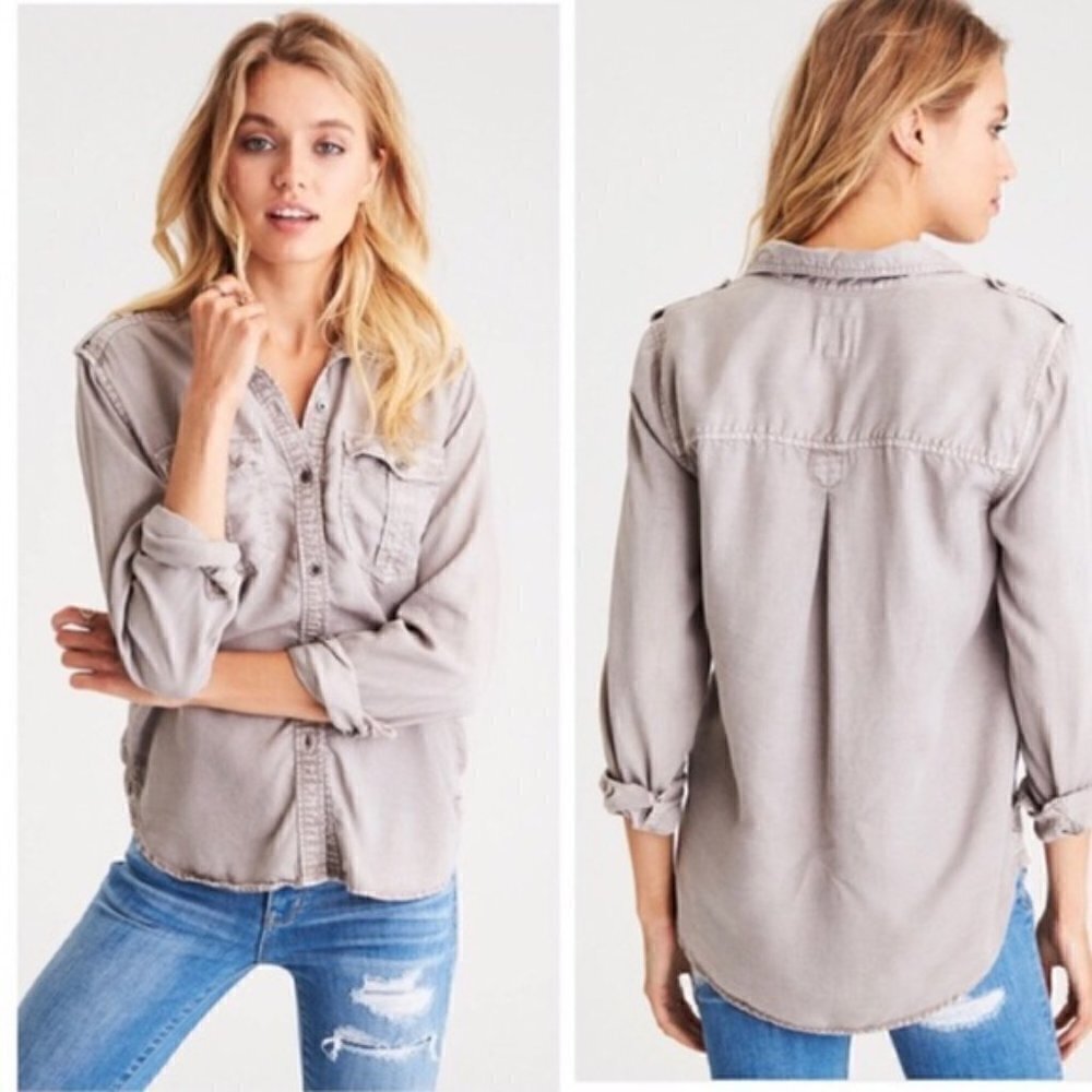 American‎ Eagle AEO Gray Military Lightweight Long Sleeve Button Down M